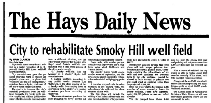 This 1994 edition of the Hays Daily News announces the city's plans to expand its primary wellfield along the Smoky Hill River in hopes of making them more sustainable.