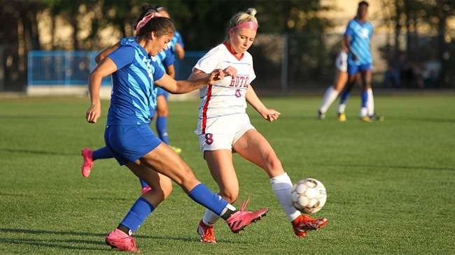 The last time the Blue Dragons played Dodge City, Aimee Maher (8) had a hat trick. The Blue Dragons and Dodge City meet again at 5;30 p.m. on Wednesday in Dodge City. (Billy Watson/Blue Dragon Sports Information)