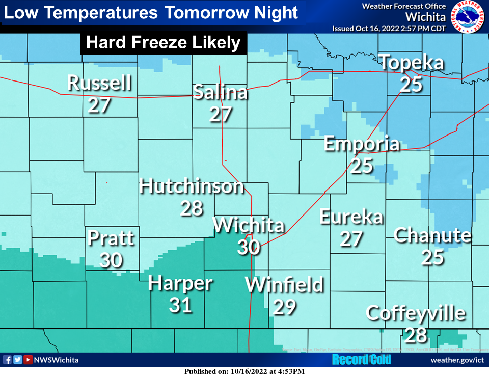 <b>The first hard freeze is expected across much of the area tomorrow night through early Tuesday morning as temperatures fall into the upper 20s. Similar, or slightly colder temps expected again Tuesday night. Be sure to protect any sensitive plants.</b>