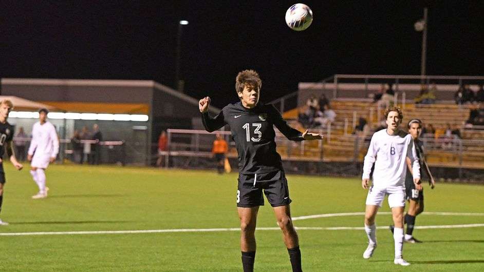 FHSU's Agustin Ayala with a header Thursday night vs. Southern Nazarene at the FHSU Soccer Stadium. (FHSU Athletics photo/Nicole Heitmann)
