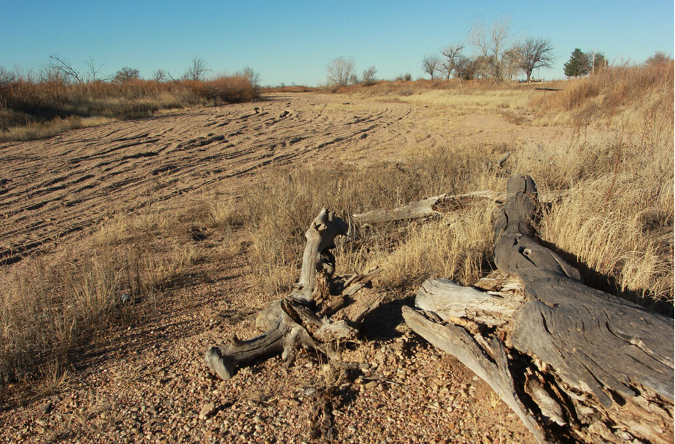 De droge bedding van de rivier de Arkansas in de buurt van de Santa Fe Trail-oversteek bij Cimarron, Kansas. Volgens de Kansas Geological Survey (File Photo / Max McCoy) begon het grondwaterpeil van de Ogallala-aquifer in een groot deel van het westen van Kansas in de jaren vijftig te dalen naarmate het pompen toenam.