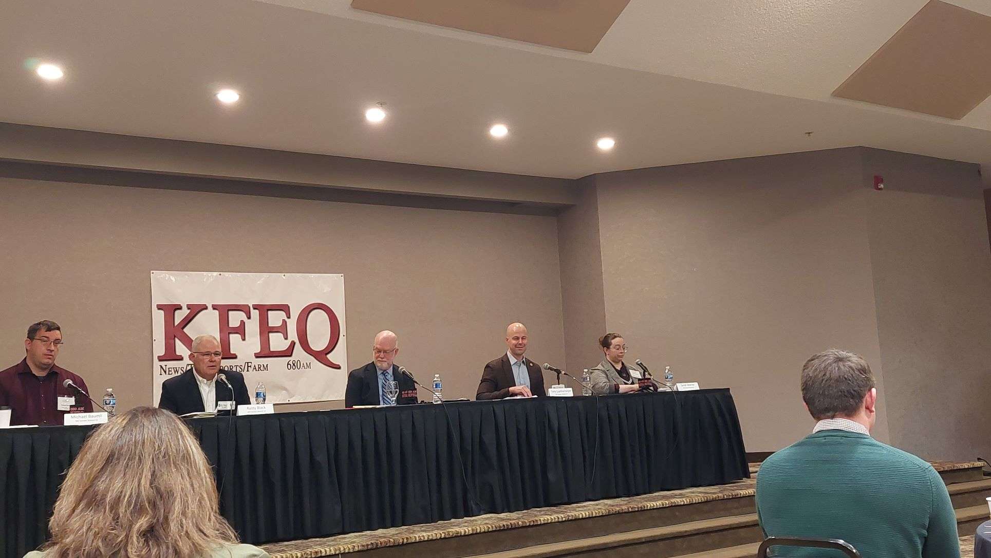 Candidates for Senate representing the 12th and 34th districts. (From L to R) Democrat Michael Baumli, Republican State Representative Rusty Black, Moderator Brent Martin, Republican Tony Luetkemeyer, Democrat Sarah Shorter/ Photo by Matt Pike