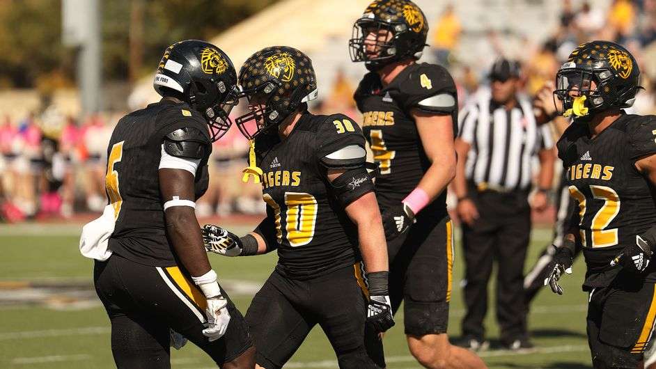 FHSU's Sam Brandt and Makel Williams celebrate vs. Central Missouri Saturday afternoon at Lewis Field. (FHSU Athletics photo/Madison Shapland)
