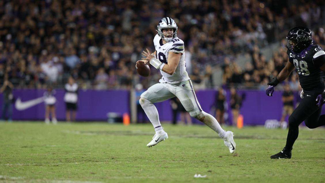 KSU QB Will Howard scrambles vs. TCU Saturday night in Fort Worth. (Kansas State Athletics photo)