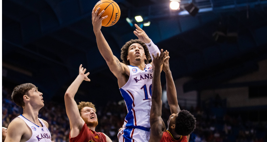 Jalen Wilson attempts a shot vs. Pittsburg State Thursday at Allen Fieldhouse. WIlson led the Jayhawk with 23 points in the exhibition game. (KU Athletics photo)