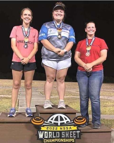 Erin Escritt of Hays, right, placed third at the World Skeet Championships in October in San Antonio. She shot 149 of 150 clays. Courtesy photo<br>