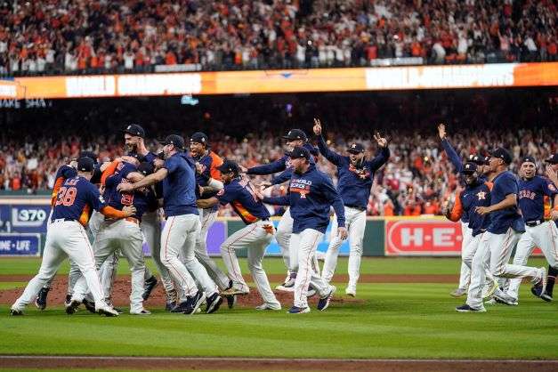 The Houston Astros celebrate their 4-1 World Series win against the Philadelphia Phillies in Game 6 on Saturday, Nov. 5, 2022, in Houston. (AP Photo/Tony Gutierrez)
