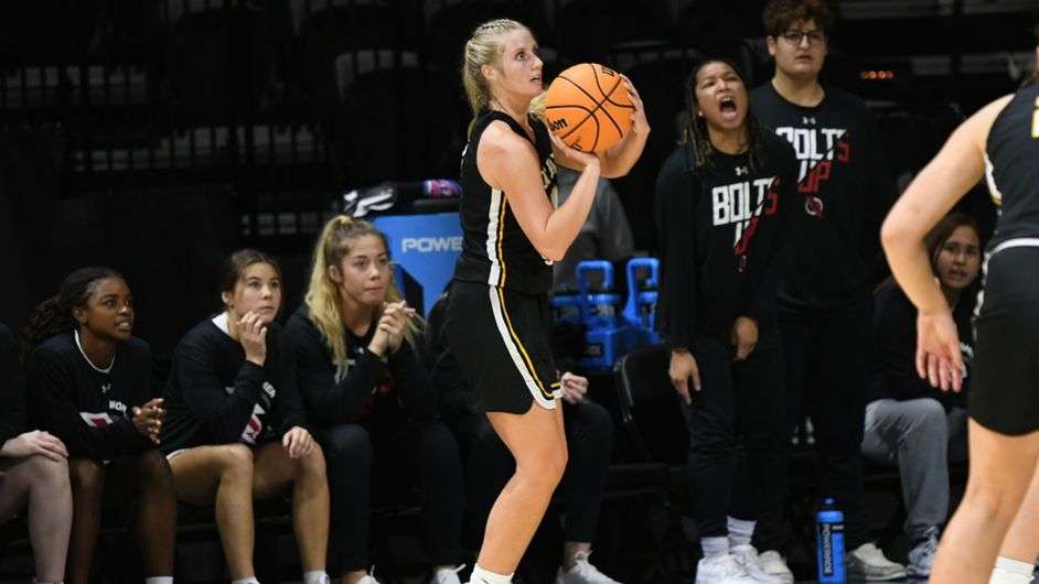 FHSU freshman Ellie Stearns attempts a 3-pointer vs. Southern Nazarene Sunday at Municipal Auditorium in Kansas City. (FHSU Athletics photo/Seth Kincaid)