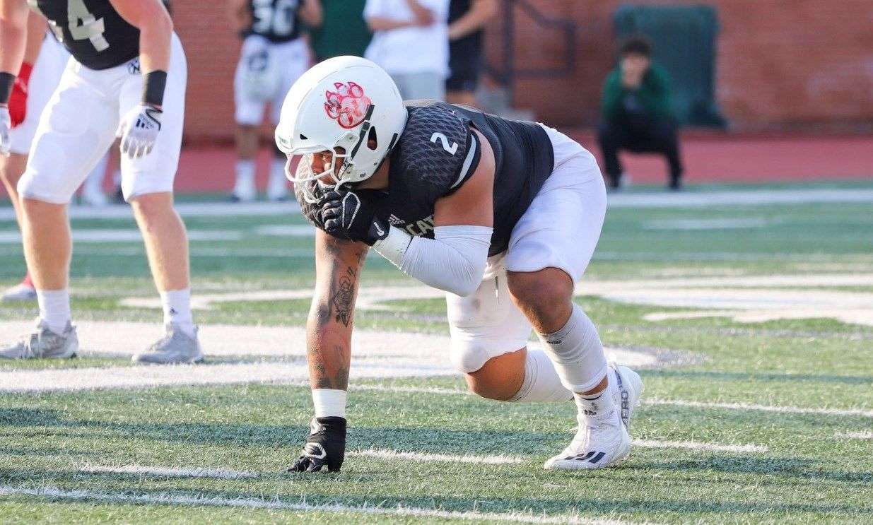 Bearcats defensive tackle Elijah Green lines up on defense during Northwest's 27-21 win over Emporia State/ Photo by Alexis Starks, Northwest Athletics