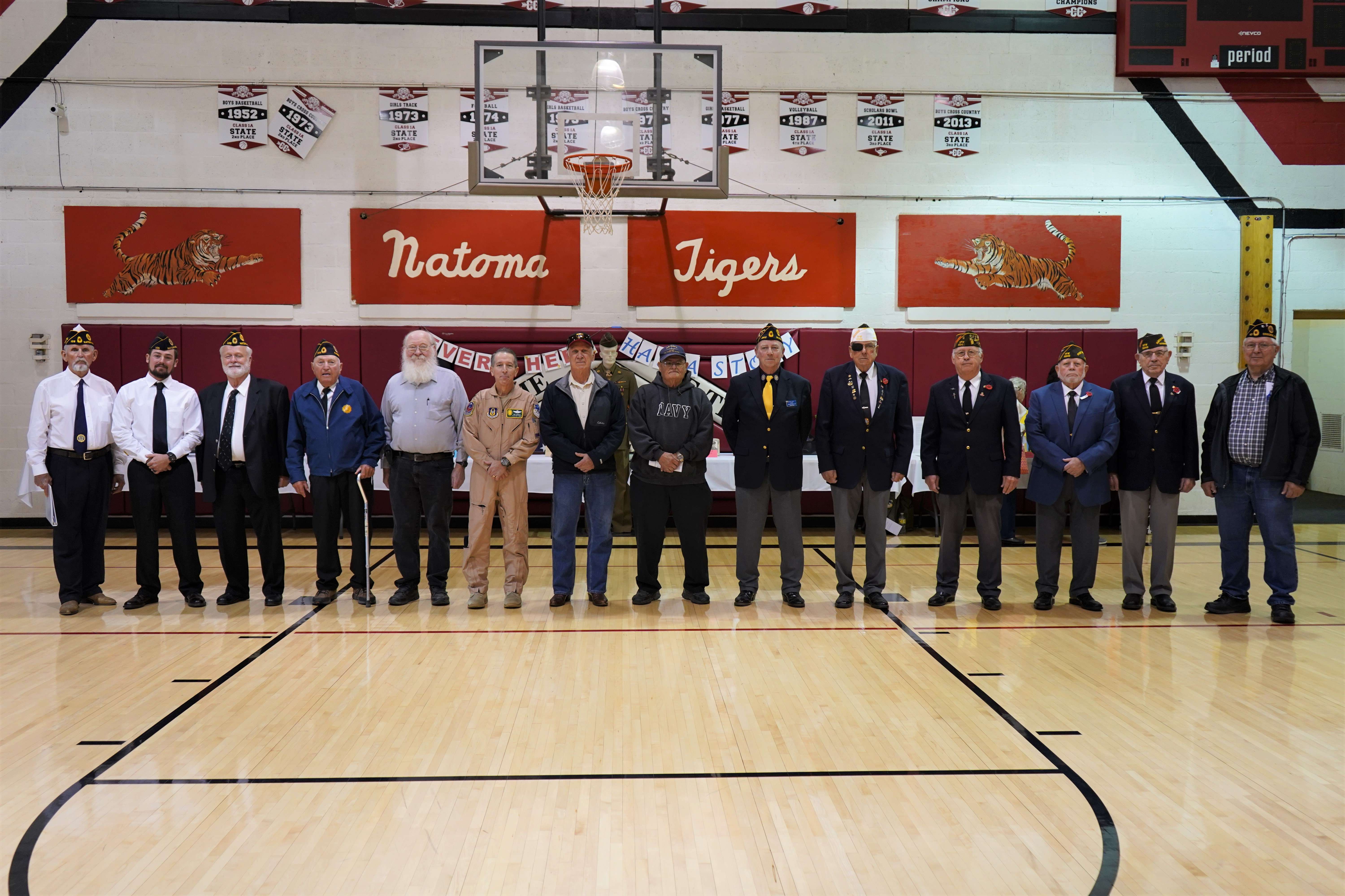 Fourteen veterans from across northwest Kansas joined in a panel discussion with Natoma USD 399 Junior High and High School students during the 13th-annual Veterans Salute on Nov. 10. The event was co-hosted by the American Legion Auxiliary, American Legion, and Natoma-Paradise-Waldo USD 399. Photo by Laah Tucker<br>