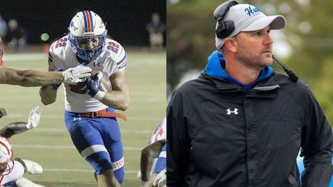 Dylan Kedzior (left) is named the 2022 KJCCC Football Offensive Player of the Year on Thursday. Blue Dragon head coach Drew Dallas (right) is the 2022 Coach of the Year.<br>