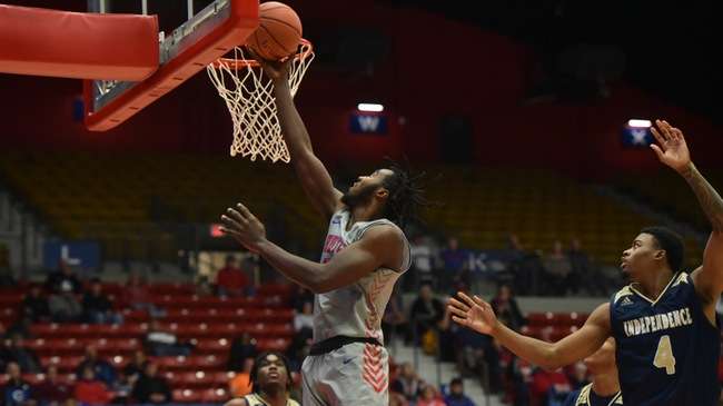 Blue Dragon redshirt freshman Aaron Franklin spots up for a layup against Independence Wednesday, Nov. 16, 2022 at the Sports Arena. (Billy Watson/Blue Dragon Sports Information)<br>