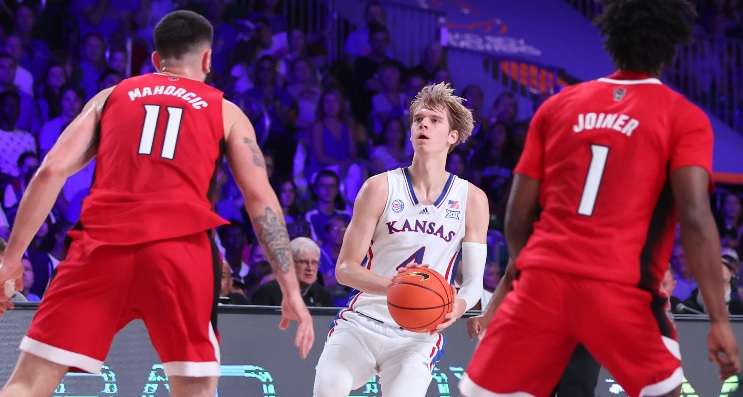 KU's Grady Dick hit six first half 3-pointers Thursday vs. NC State in the opening round of the Battle 4 Atlantis at Paradise Island, Bahamas. (Kansas Athletics photo)