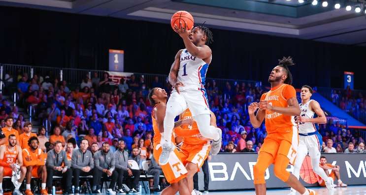 KU's Joseph Yesefu goes in for a layup vs Tennessee Friday in the Battle 4 Atlantis finals at Paradise Island, Bahamas. (Kansas Athletics photo)