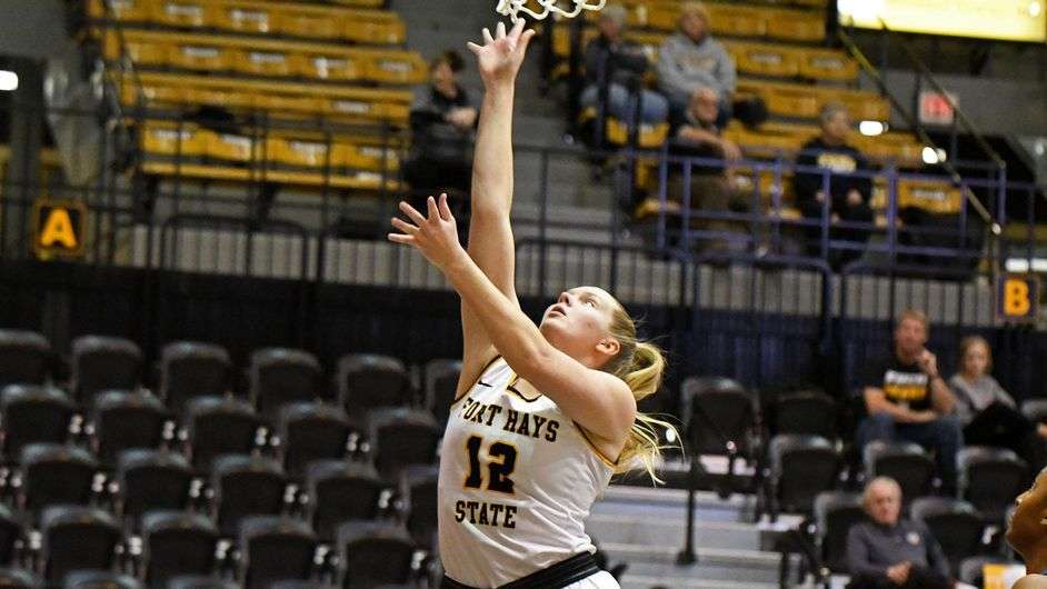 Kia Wilson attempts a layup vs. Tabor College Saturday night at Gross Memorial Coliseum. (FHSU Athletics photo/Nicole Heitmann)