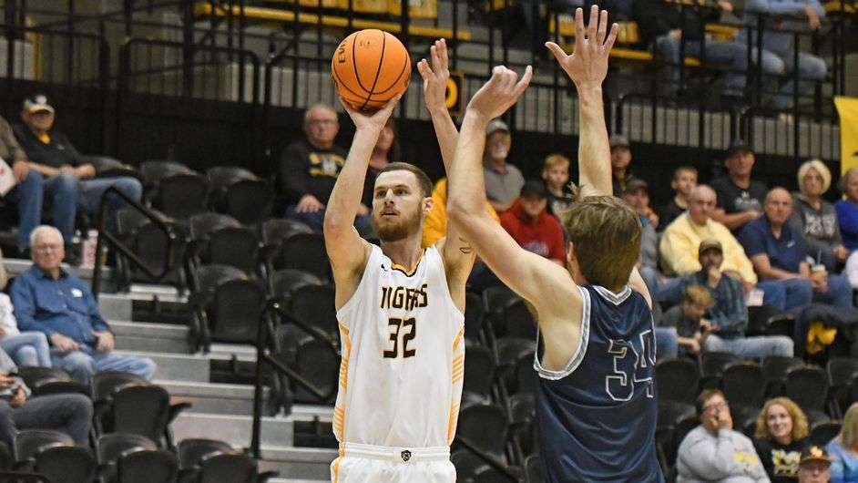 Haggan Hilgendorf attempts a 3-points vs. Manhattan Christian College Saturday night at Gross Memorial Coliseum. (FHSU Athletics photo/Nicole Heitmann)