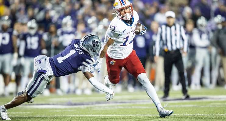 Devin Neal rushed for two touchdowns vs. Kansas State Saturday at Bill Snyder Family Stadium in Manhattan. (Kansas Athletics photo)