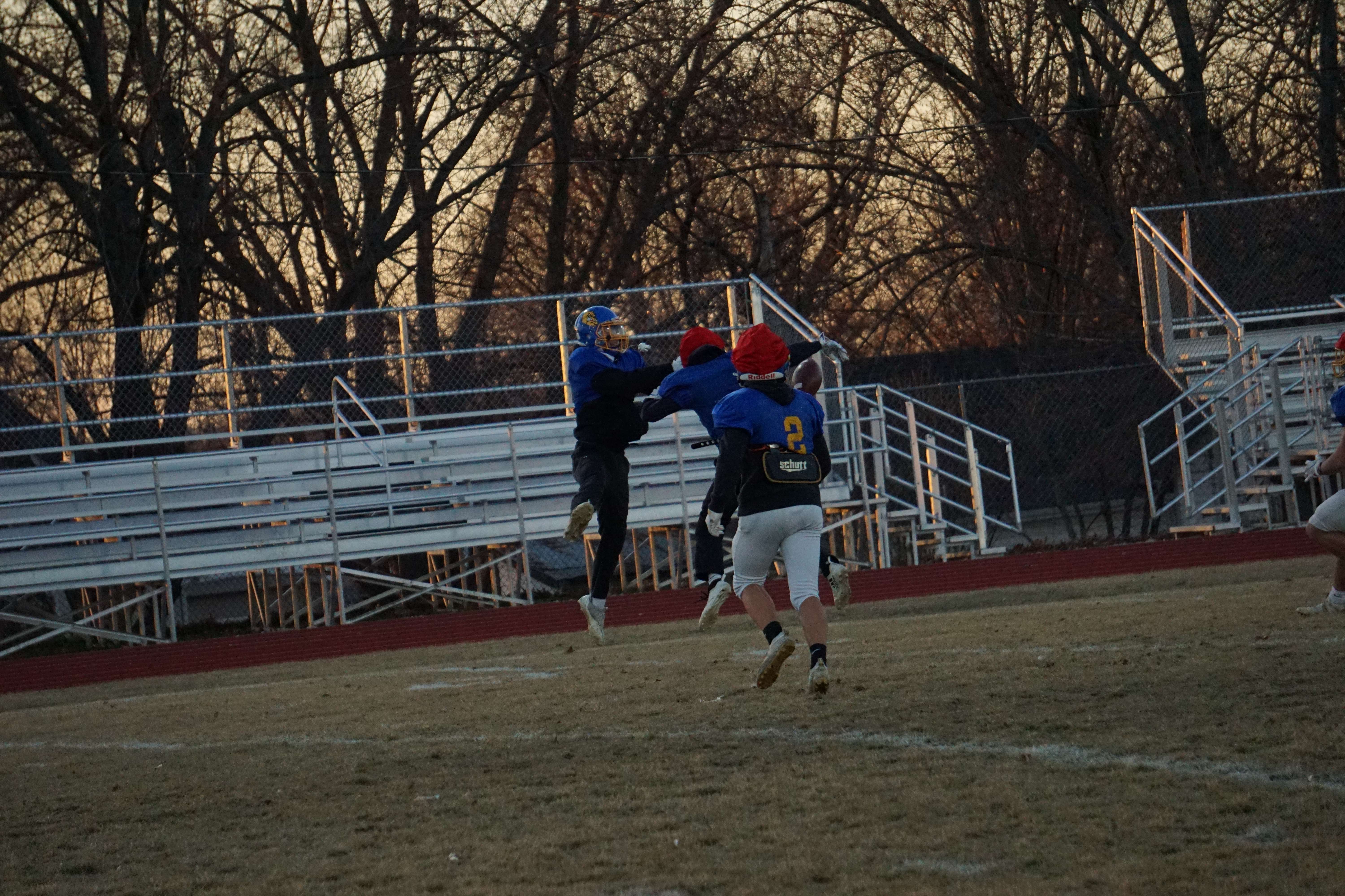 East Buchanan defenders work on defending the pass ahead of a matchup with Adrian Saturday/ Photo by Matt Pike