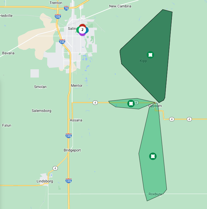 <b>Outages in southeastern and southern Saline County as of 7:30 p.m. Friday.</b> Map courtesy Evergy