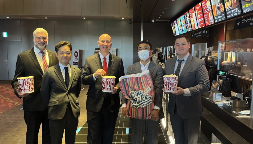 Gov. Pete Ricketts’ trade mission includes visit with Japanese leaders to Toho Cinemas, which serves Nebraska-made Preferred Popcorn. (Courtesy of Gov. Ricketts Office)