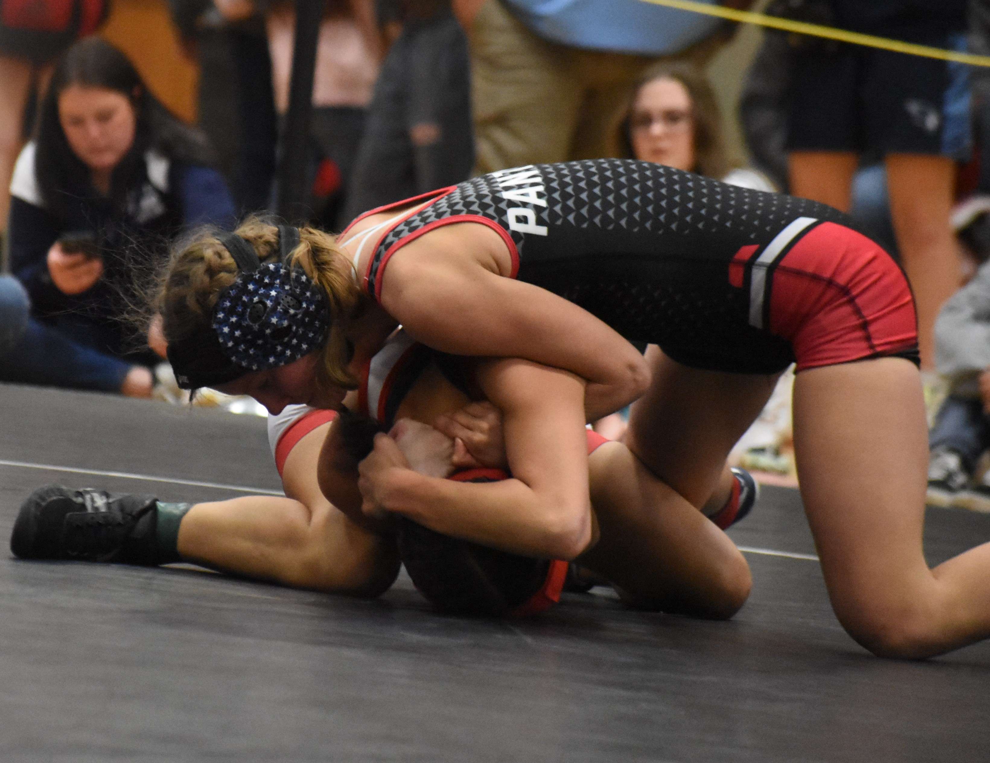 Freshman Kaylea McMullen pinned her McPherson opponent for fifth place at 120 pounds.