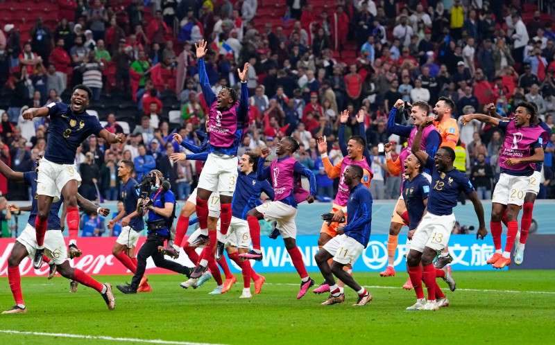 <b>France players celebrate at the end of the World Cup semifinal soccer match between France and Morocco at the Al Bayt Stadium in Al Khor, Qatar, Wednesday. France won 2-0 and will play Argentina in Sunday's final.</b> (AP Photo/Manu Fernandez)
