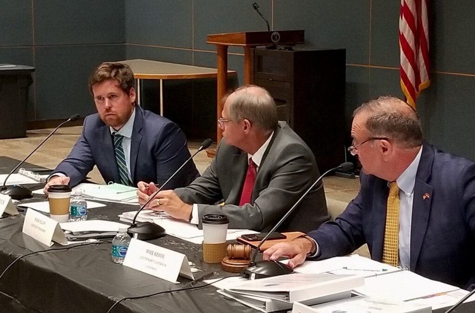 State Treasurer Scott Fitzpatrick, left, pushed for accelerating redemptions of low income housing tax credits. (Rudi Keller/Missouri Independent)