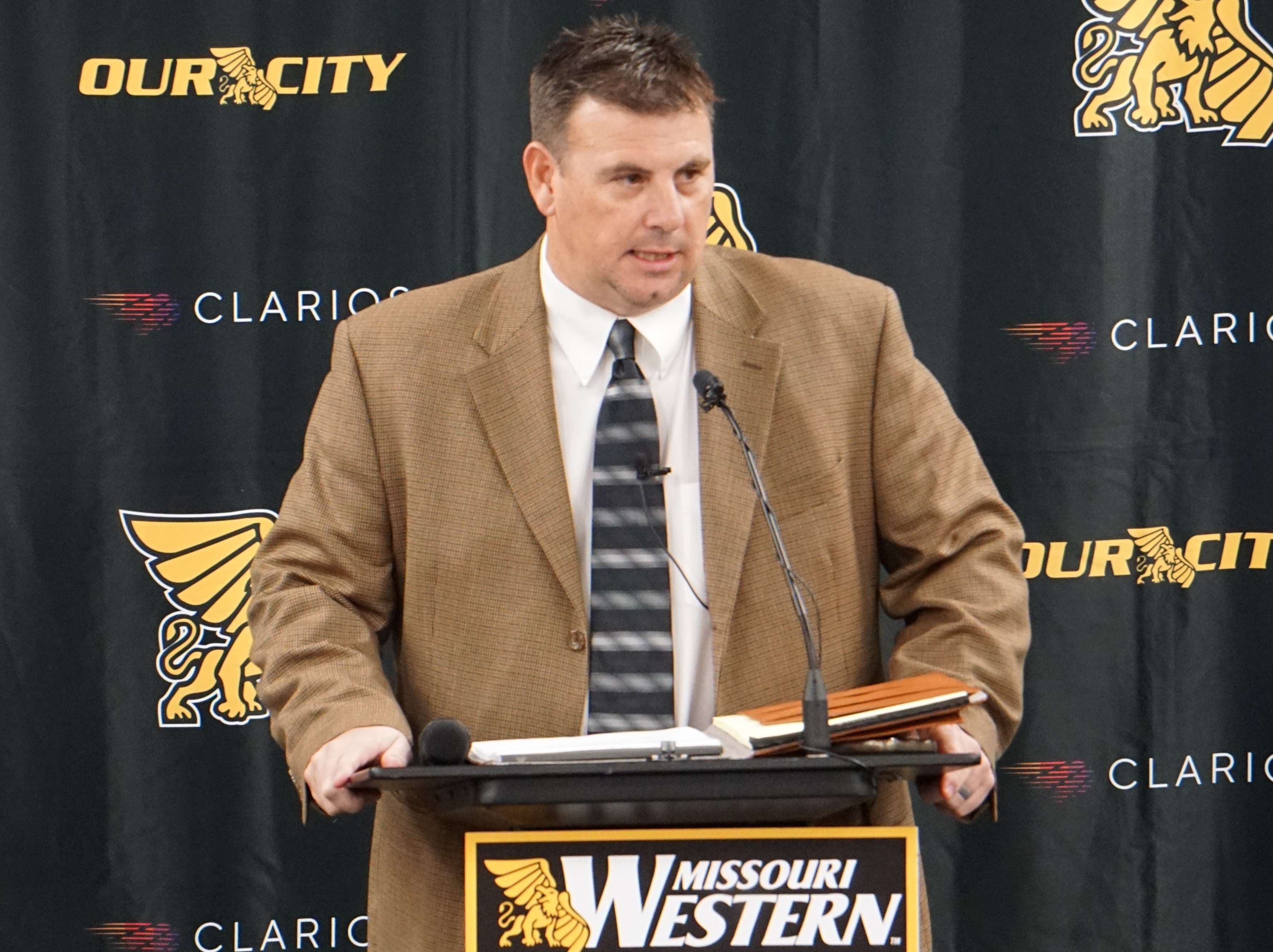 Missouri Western football coach Tyler Fenwick announced the hiring of four assistant coaches Friday. He's seen here during his introductory press conference on December 8. Photo by Tommy Rezac.