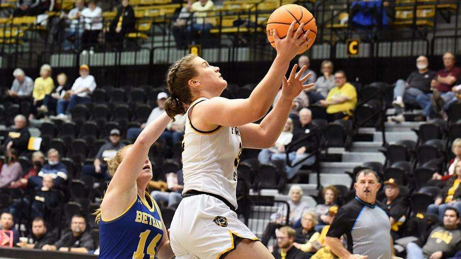 FHSU's Clary Donica scores two of her 10 points Monday night vs. Bethany College at Gross Memorial Coliseum. (FHSU Athletics photo/Niciole Heitmann)