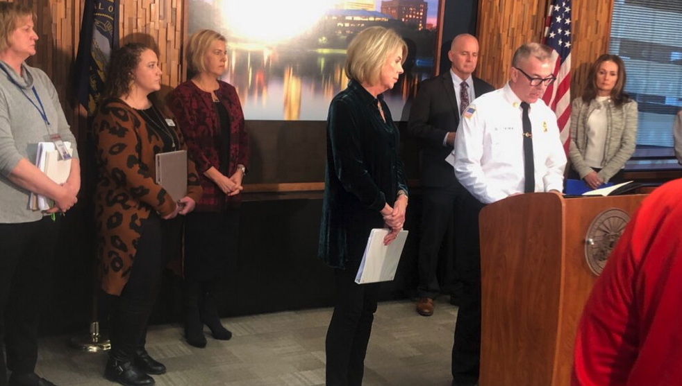 Omaha Fire Chief Dan Olsen, flanked by Mayor Jean Stothert, during a news conference in which city officials explain why they evacuated residents of northwest Omaha’s Legacy Crossing apartments Monday. (Courtesy of City of Omaha)