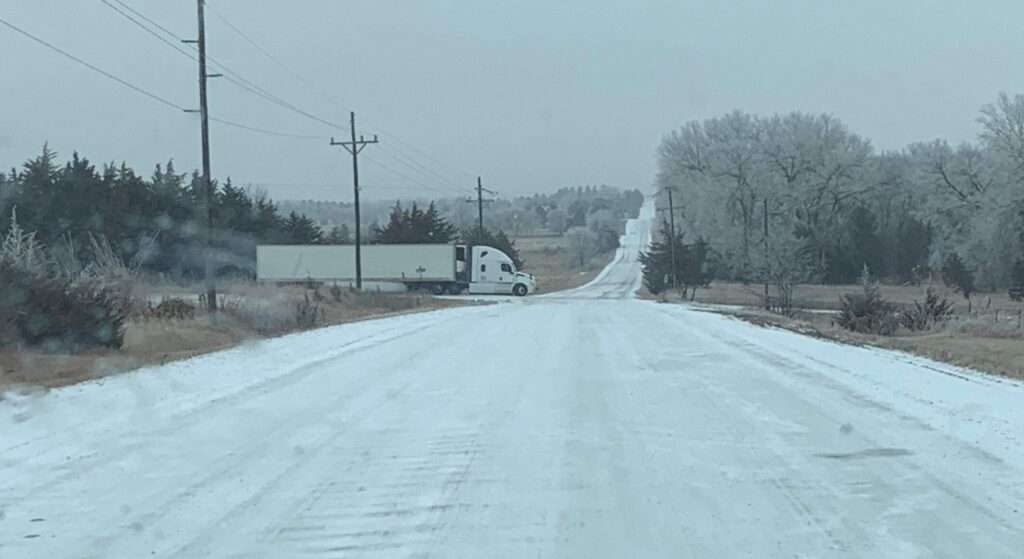 More than a week after the Lincoln South Beltway opened for traffic, some drivers, including this trucker, are missing a turn and driving onward to a gravel road southeast of Lincoln. (courtesy Algis Laukaitis)