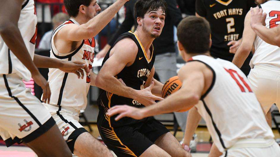 FHSU's Kaleb Hammeke drives to the basket Saturday vs. Central Missouri in Warrensburg, Mo. (FHSU Athletics photo/Seth Kincaid)