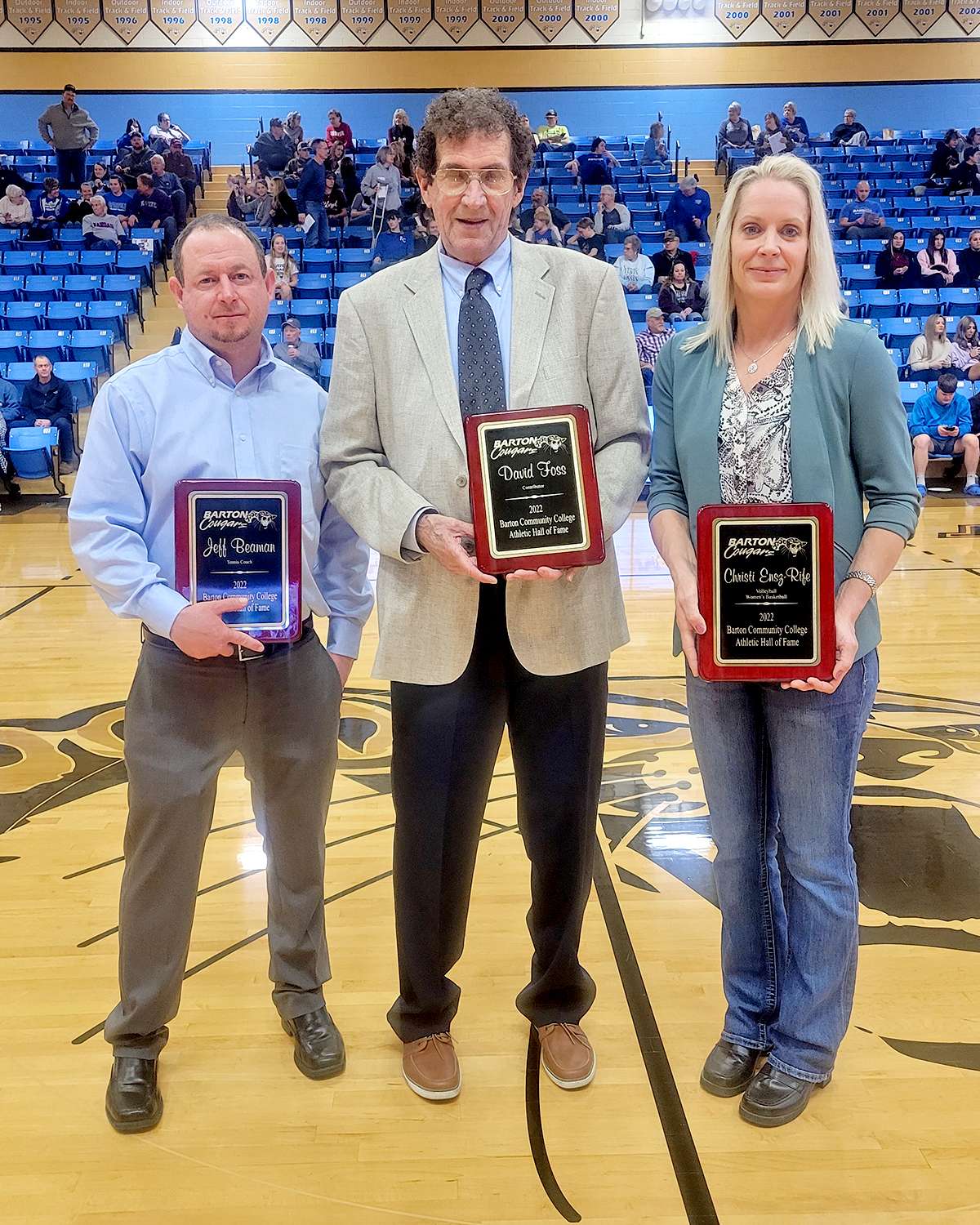 Jeff Beaman, David Foss and Christi (Ensz) Rife were inducted into the 2022 Barton Community College Sports Hall of Fame on Jan. 29, 2022.