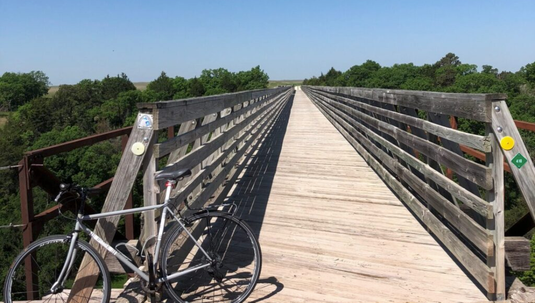 The Cowboy Trail at Long Pine, Nebraska features a long bridge over a scenic canyon. (Julie Harris/Bike Walk Nebraska / Courtesy Nebraska Examiner)