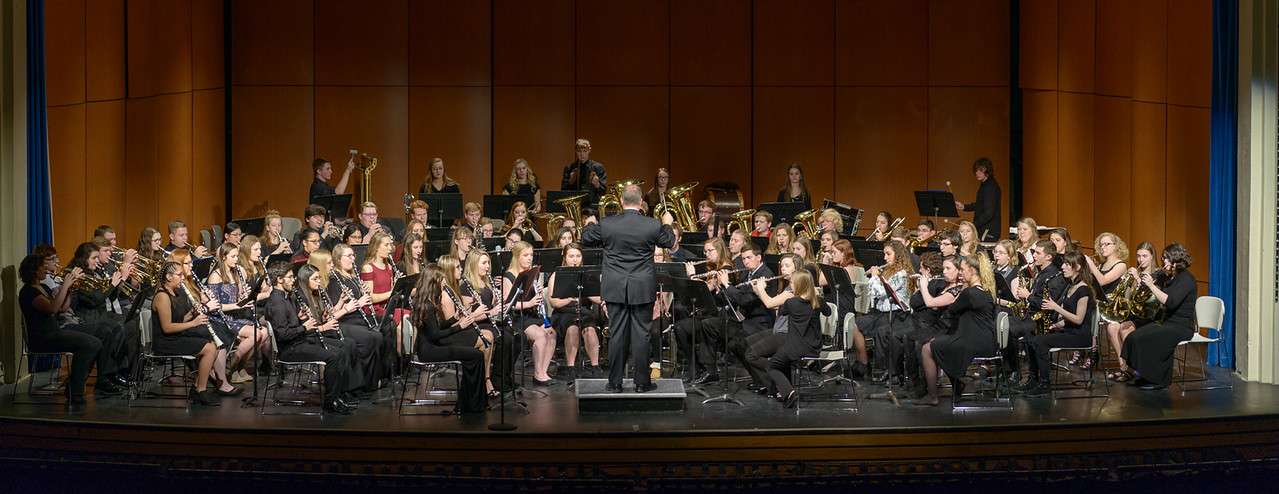 The Honor Band, directed by Dr. Michael Knight, performs "Sound Innovations Fanfare" by Robert Sheldon during the High Plains Festival concert on Feb. 6, 2018. Knight is an assistant professor of music and director of bands at Chadron State College. (Photo by Daniel Binkard/Chadron State College)