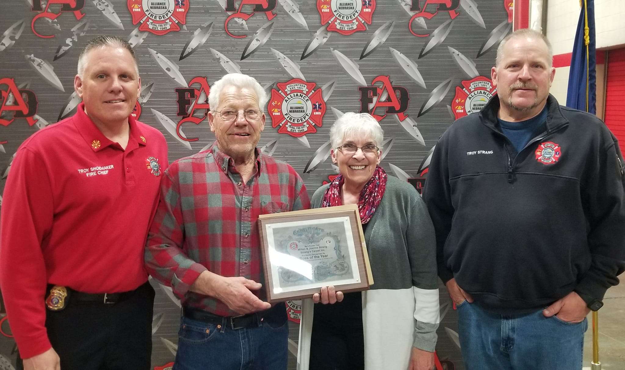 Pictured from left to right: AVFD Fire Chief Troy Shoemaker, Milt, Joann and Troy Strang (Bossess-of-the-Year). Photo courtesy: Kevin Horn 