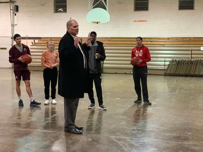 Chadron State College Dr. Randy Rhine speaks with CSC students at Assumption Arena Feb. 4, 2022. (Photo by Tena L. Cook/Chadron State College)