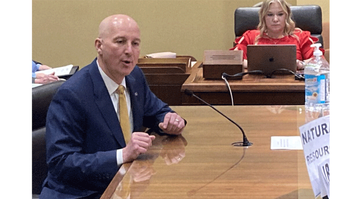Gov. Pete Ricketts pitched his proposal to build a $500 million canal system Wednesday to a legislative committee. (Paul Hammel/Nebraska Examiner)