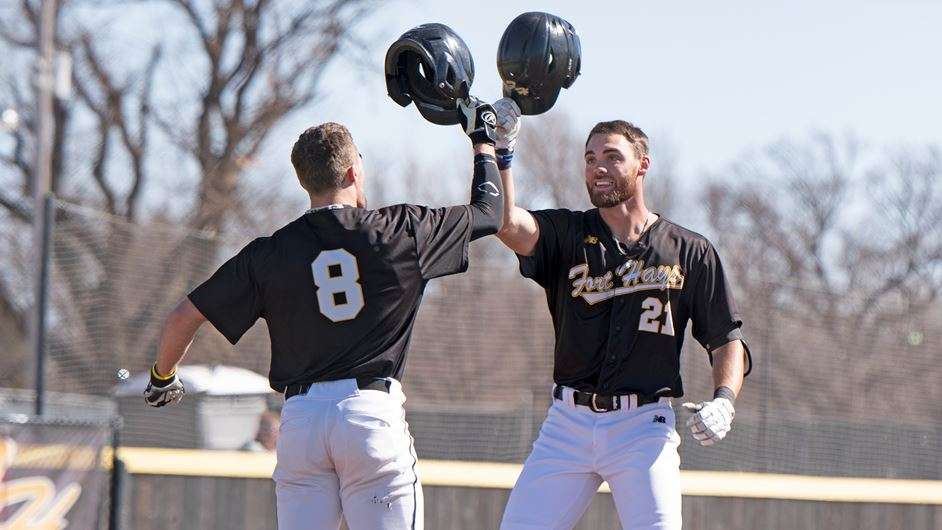 Grant Schmidt celebrates a home run vs, Regis Sunday at Larks Park (Courtesy FHSU Athletics, Nicole Heitmann)