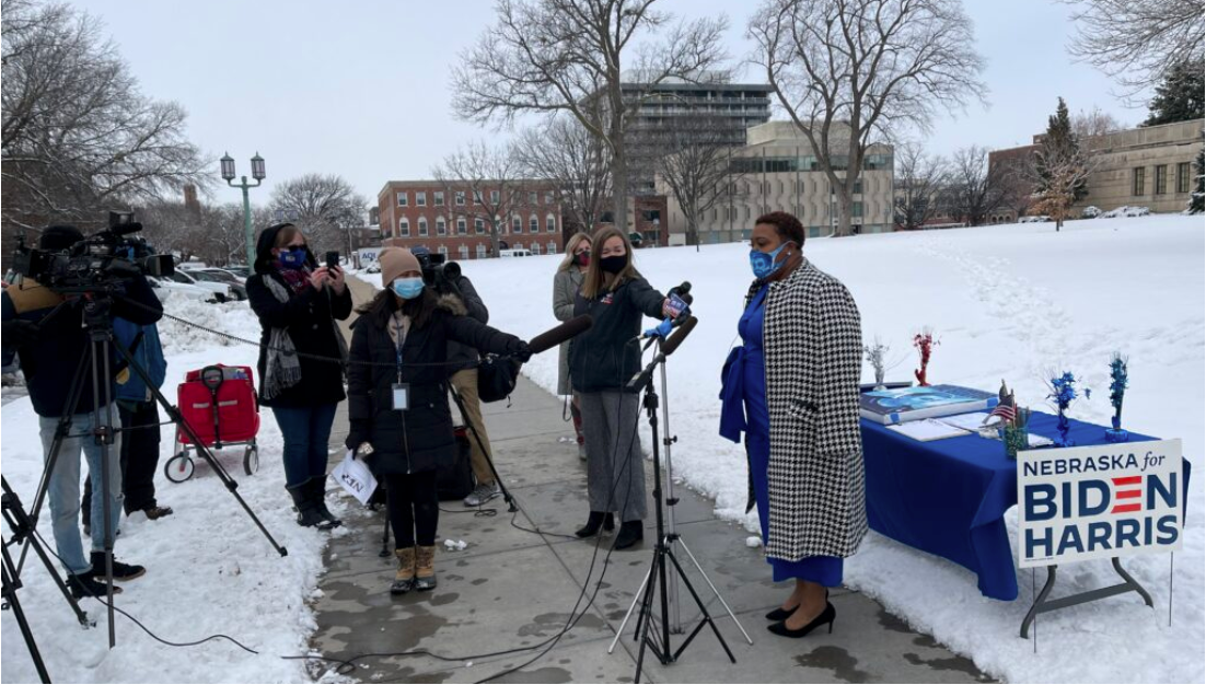 Precious McKesson speaks with reporters about casting the 2nd Congressional District’s Electoral College vote for President Joe Biden in December 2020. (Aaron Sanderford/Nebraska Examiner)