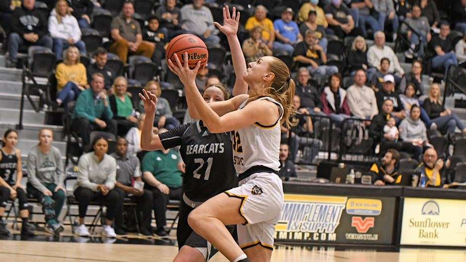 FHSU senior Whitney Randall drives for a basket earlier this season vs. NW Missouri State. (Courtesy FHSU Athletics, Nicole Heitmann)