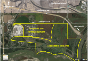 This site, northwest of the confluence of the Platte and Missouri Rivers, has been viewed as a prime location for major development. The upper left portion is the abandoned location of a fertilizer plant just east of LaPlatte. The “expandable site area” is in the floodplain and eyed for expansion of habitat and recreational trail. (Courtesy of Grow Sarpy)