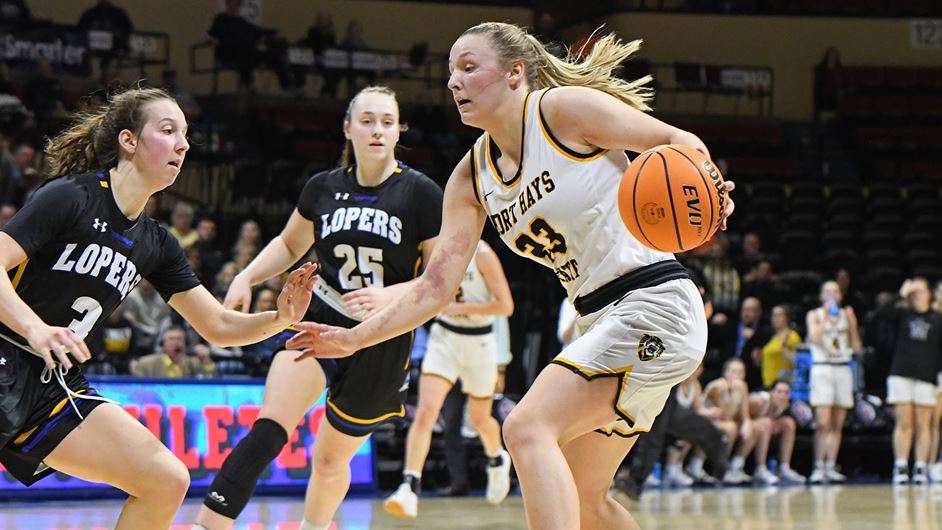 Katie Wagner pulled down a team-high 11 rebounds in FHSU's win over Nebraska-Kearney in Saturday's MIAA Tournament semifinals at Municipal Auditorium in Kansas City, Mo. (Courtesy FHSU Athletics, Nicole Heitmann)