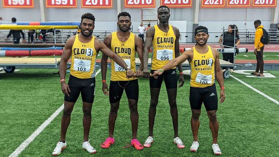 <b>Emmanuel Wanga, Alphonse Igish, Timothy Nyinguan, and Shadrick Tansi combined for a new 4x40 meter relay school-record time on Saturday.</b> Photo by Drew Mahin courtesy <a href="http://cloudtbirds.com">cloudtbirds.com</a>