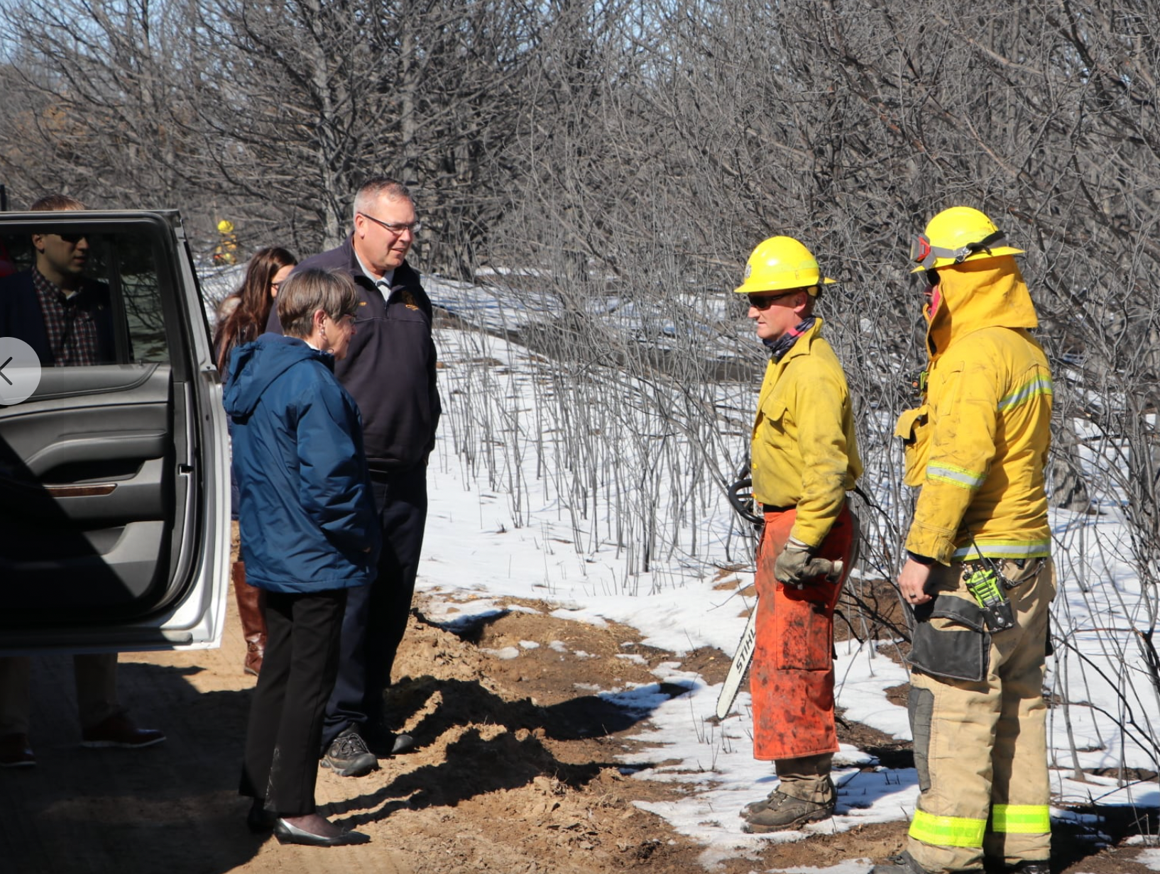 Gov. Laura Kelly toured areas devastated by the Cottonwood Complex fire, and met some of the brave men and women who have been working on the front lines. (Photo courtesy Kansas Forest Service)