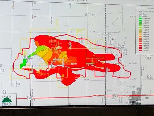 The is the thermal satellite image of the fire. On the lower left is where the fire started which is shaded in green. The yellow and orange areas are around the Cottonwood Hills area where the fire gained intensity.&nbsp; You can also see where the wind shifts that day spread the fire in three different directions.