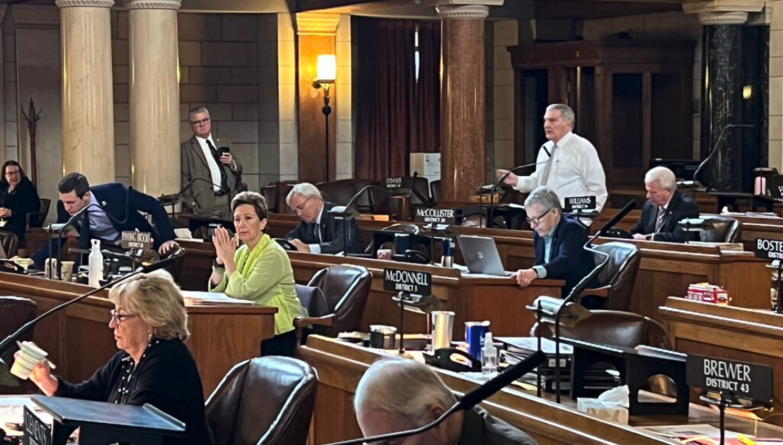 Sen. John Stinner, chairman of the budget-writing Appropriations Committee, defends his committee’s work. (Aaron Sanderford/Nebraska Examiner)