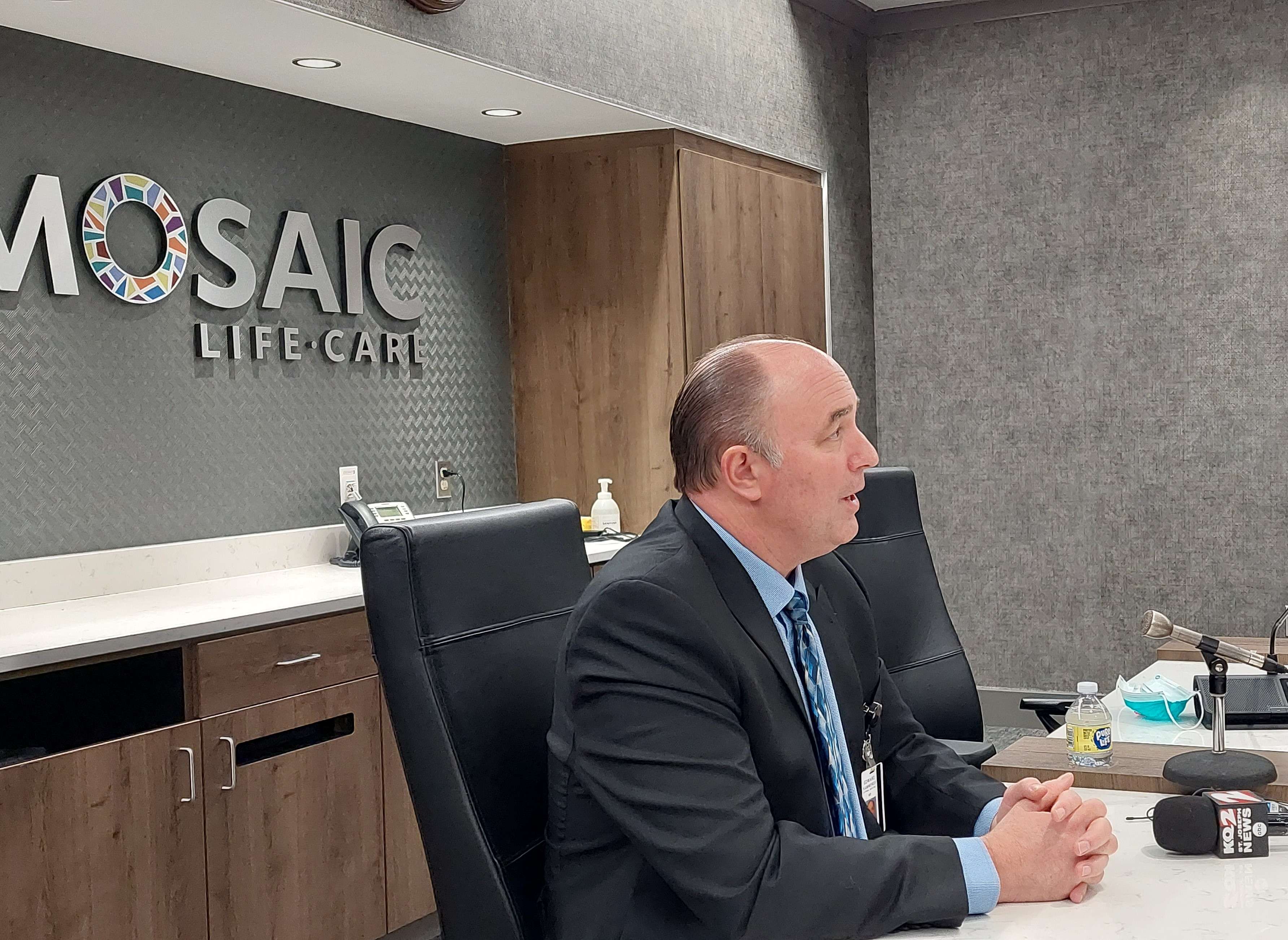 Mosaic Life Care Chief Medical Officer Dr. Edward Kammerer addresses reporters about expansion of the UMKC School of Medicine at Mosaic/Photo by Matt Pike