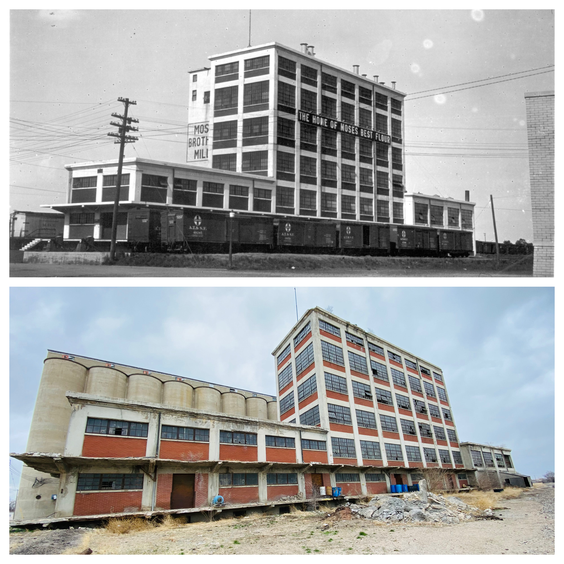 Then and now pictures of the Moses flour mill on Kansas Avenue in Great Bend.
