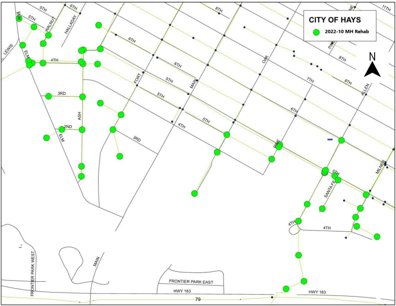 The manholes to be rehabbed this year are in the southwest part of Hays south of 6th Street. (City of Hays) 